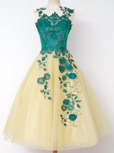 Most Popular Knee Length Gold Quinceanera Court Dresses Tulle Sleeveless Appliques