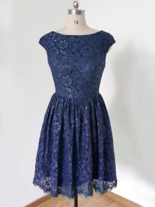 Empire Dama Dress for Quinceanera Royal Blue Scoop Lace Cap Sleeves Knee Length Lace Up