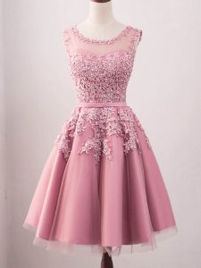 High End Sleeveless Knee Length Lace Lace Up Quinceanera Court Dresses with Pink