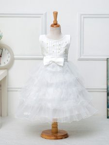 Organza Sleeveless Tea Length Pageant Dress for Teens and Ruffled Layers and Bowknot