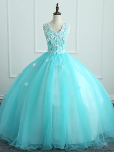 Aqua Blue Lace Up Quinceanera Gown Appliques Sleeveless Floor Length