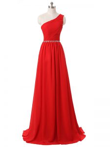Simple Red Sleeveless Floor Length Beading and Ruching Side Zipper Dama Dress for Quinceanera