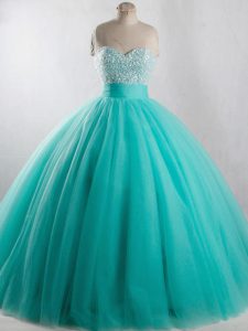 Strapless Sleeveless Quinceanera Gown Floor Length Beading Turquoise Tulle