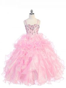 Baby Pink Lace Up Little Girls Pageant Gowns Beading and Ruffles Sleeveless Floor Length