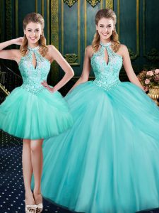 Fashionable Sleeveless Tulle Floor Length Lace Up Quinceanera Dresses in Aqua Blue with Beading and Pick Ups