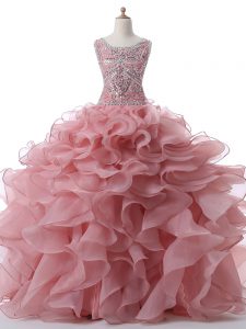 Pink Zipper Scoop Beading and Ruffles Quinceanera Gowns Organza Sleeveless