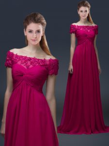Custom Design Off The Shoulder Short Sleeves Lace Up Mother of the Bride Dress Fuchsia Chiffon