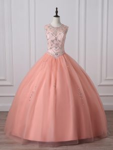 Peach Ball Gown Prom Dress Military Ball and Sweet 16 and Quinceanera with Beading Scoop Sleeveless Zipper