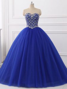 Floor Length Lace Up Quinceanera Dresses Royal Blue for Military Ball and Sweet 16 and Quinceanera with Beading