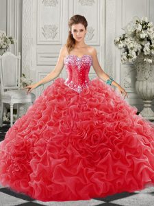 Spectacular Lace Up Sweet 16 Dresses Red for Military Ball and Sweet 16 and Quinceanera with Beading and Ruffles Court Train