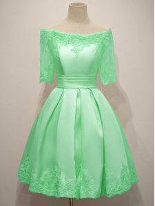 Apple Green A-line Off The Shoulder Half Sleeves Taffeta Knee Length Lace Up Lace Quinceanera Court Dresses