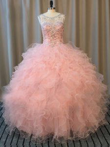 Elegant Beading and Ruffles Quinceanera Dress Pink Lace Up Sleeveless Floor Length
