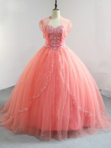 Luxury Watermelon Red Tulle Lace Up V-neck Sleeveless Floor Length Sweet 16 Quinceanera Dress Beading