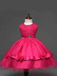 Customized Hot Pink Zipper Scoop Lace and Bowknot Glitz Pageant Dress Tulle Sleeveless