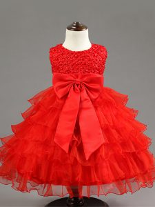 Red Ball Gowns Scoop Sleeveless Organza Knee Length Zipper Ruffled Layers and Bowknot Toddler Flower Girl Dress