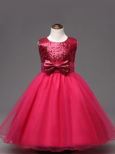 Organza Sleeveless Tea Length Girls Pageant Dresses and Sequins and Bowknot