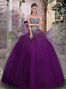 Purple Lace Up Strapless Beading Sweet 16 Quinceanera Dress Tulle Sleeveless