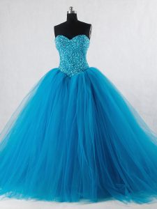 Deluxe Floor Length Lace Up Quinceanera Gown Baby Blue for Sweet 16 and Quinceanera with Beading