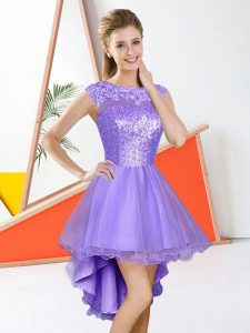 Elegant Sleeveless Organza High Low Backless Court Dresses for Sweet 16 in Lavender with Beading and Lace