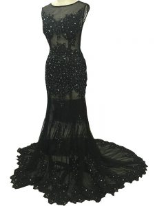 Black Side Zipper Mother of Bride Dresses Beading and Lace and Appliques Sleeveless Brush Train
