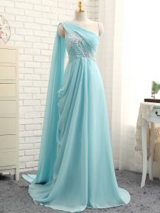 Glittering Aqua Blue Empire Beading and Ruching Court Dresses for Sweet 16 Zipper Chiffon Sleeveless
