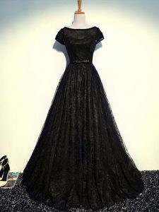 Black Short Sleeves Floor Length Beading and Lace and Belt Zipper Mother of Groom Dress