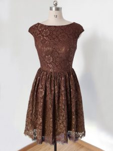 Scoop Cap Sleeves Lace Up Quinceanera Court of Honor Dress Brown Lace