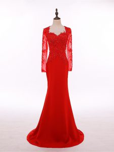 Chiffon Scoop Long Sleeves Zipper Lace and Appliques Mother Dresses in Red