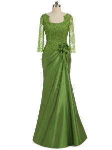 Spectacular Olive Green Long Sleeves Lace and Appliques and Hand Made Flower Floor Length Mother of Bride Dresses