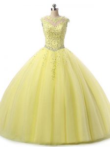 Sleeveless Floor Length Beading and Lace Lace Up Quinceanera Gown with Yellow