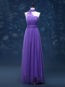 High Quality Lavender Empire Ruching Dama Dress for Quinceanera Lace Up Tulle Sleeveless Floor Length