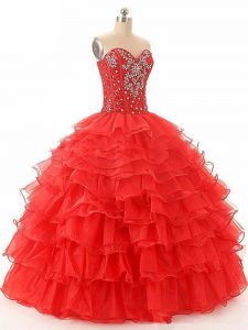 Sweetheart Sleeveless Sweet 16 Dress Floor Length Beading and Ruffled Layers Red Organza