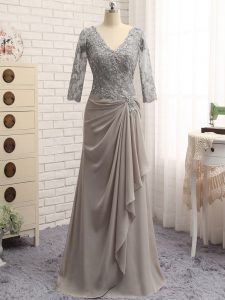 Eye-catching Grey Long Sleeves Lace and Appliques Floor Length Mother of Groom Dress
