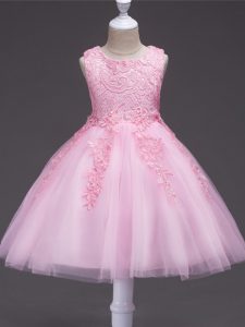 Low Price Baby Pink Tulle Zipper Scoop Sleeveless Knee Length Child Pageant Dress Appliques