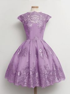 Eye-catching Lavender Lace Up Scalloped Lace Dama Dress for Quinceanera Tulle Cap Sleeves