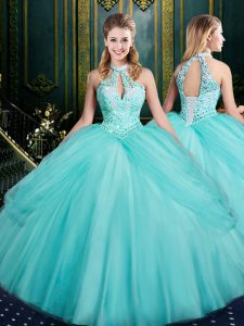 Floor Length Lace Up 15 Quinceanera Dress Aqua Blue for Military Ball and Sweet 16 and Quinceanera with Beading and Pick Ups