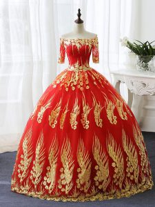 Floor Length Lace Up Sweet 16 Dresses Red for Military Ball and Sweet 16 and Quinceanera with Appliques