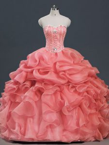 Watermelon Red Sleeveless Floor Length Beading and Ruffles and Pick Ups Lace Up Sweet 16 Quinceanera Dress