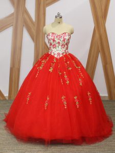 Red Sleeveless Tulle Sweep Train Lace Up Quinceanera Dress for Military Ball and Sweet 16 and Quinceanera