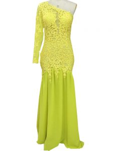 Enchanting Side Zipper Mother of Bride Dresses Yellow for Prom and Party and Beach with Lace and Appliques Brush Train