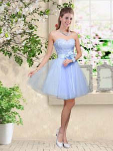 Lace and Belt Quinceanera Dama Dress Lavender Lace Up Sleeveless Knee Length