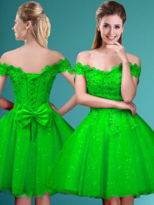 Dama Dress for Quinceanera Prom and Party with Lace and Belt Off The Shoulder Cap Sleeves Lace Up