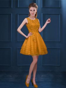 Great A-line Damas Dress Gold Scoop Tulle Sleeveless Knee Length Zipper