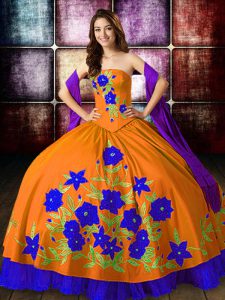Affordable Sleeveless Taffeta Floor Length Lace Up 15 Quinceanera Dress in Orange Red with Embroidery