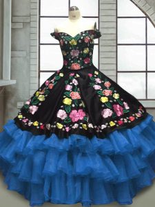 Extravagant Sweetheart Sleeveless Sweet 16 Quinceanera Dress Floor Length Embroidery and Ruffled Layers Blue And Black Organza and Taffeta