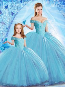 Low Price Baby Blue Off The Shoulder Neckline Beading Quinceanera Dress Sleeveless Lace Up