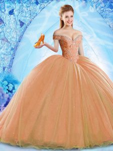 Custom Fit Off The Shoulder Sleeveless Organza Quince Ball Gowns Beading Brush Train Lace Up