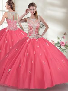 Modest Floor Length Zipper Vestidos de Quinceanera Hot Pink for Military Ball and Sweet 16 and Quinceanera with Beading