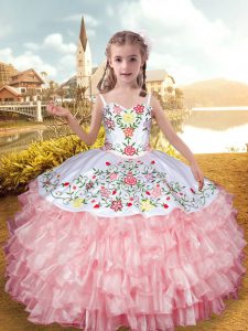 Baby Pink Sleeveless Organza and Taffeta Lace Up Girls Pageant Dresses for Party