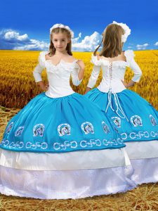 Blue And White Ball Gowns Embroidery and Ruffles Pageant Gowns For Girls Lace Up Taffeta 3 4 Length Sleeve Floor Length